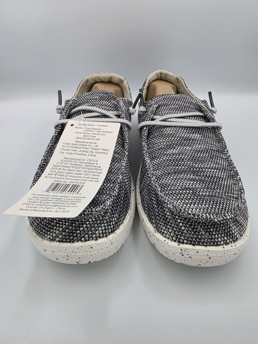 Hey Dude Wendy Sox Knit Slip-On Lace-Up Lightweight Cork Insole Gray/White 6